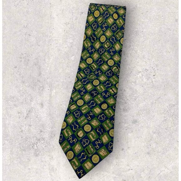 GUCCI Silk Tie ITALY Blue Green Geometric Equestrian W:3.6" EUC - Picture 1 of 6